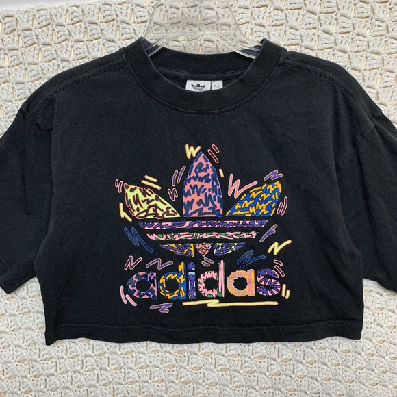 Adidas Women's Crop T-Shirt Size Small‎ Black Retro Logo Crew Neck Short Sleve - Picture 2 of 7